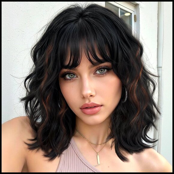 Synthetic Wavy Bob Wig with Bangs Shoulder Length Curly Heat Resistant main image 6